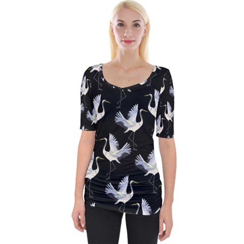 Crane Pattern Bird Animal Wide Neckline T-shirt by Bedest