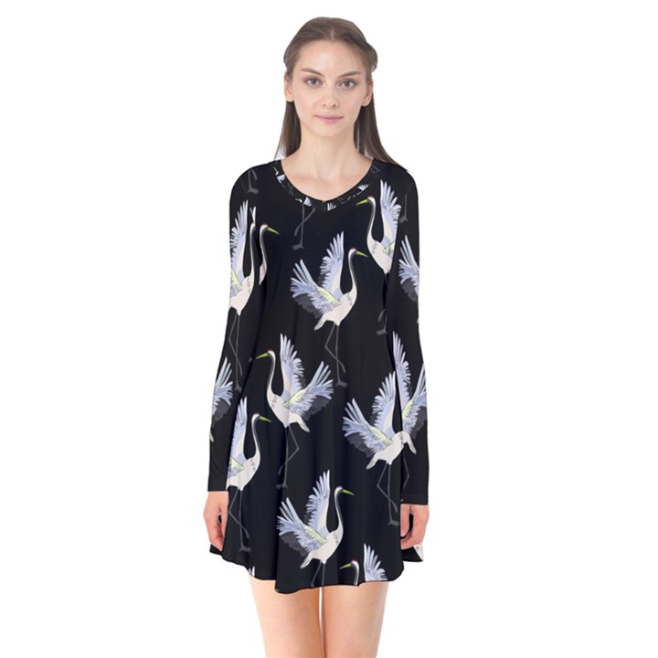 Crane Pattern Bird Animal Long Sleeve V-neck Flare Dress