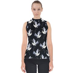 Crane Pattern Bird Animal Mock Neck Shell Top by Bedest