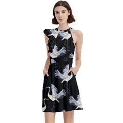 Crane Pattern Bird Animal Cocktail Party Halter Sleeveless Dress With Pockets by Bedest