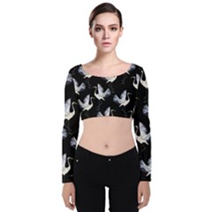 Crane Pattern Bird Animal Velvet Long Sleeve Crop Top by Bedest