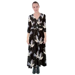 Crane Pattern Bird Animal Button Up Maxi Dress