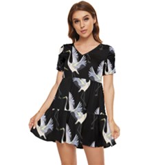 Crane Pattern Bird Animal Tiered Short Sleeve Babydoll Dress by Bedest