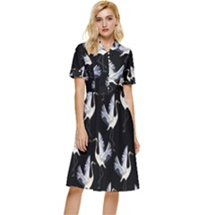 Crane Pattern Bird Animal Button Top Knee Length Dress by Bedest