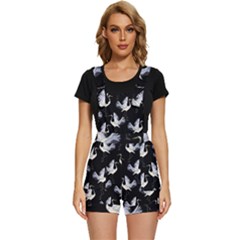 Crane Pattern Bird Animal Short Overalls