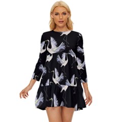 Crane Pattern Bird Animal Long Sleeve Babydoll Dress by Bedest