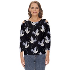 Crane Pattern Bird Animal Cut Out Wide Sleeve Top