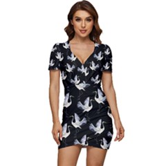 Crane Pattern Bird Animal Low Cut Cap Sleeve Mini Dress by Bedest