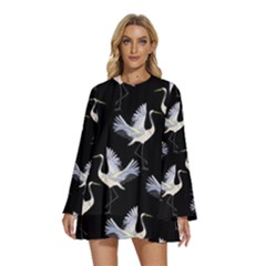 Crane Pattern Bird Animal Round Neck Long Sleeve Bohemian Style Chiffon Mini Dress by Bedest