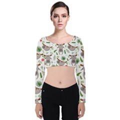 Seamless Pattern With Cute Sloths Velvet Long Sleeve Crop Top by Bedest