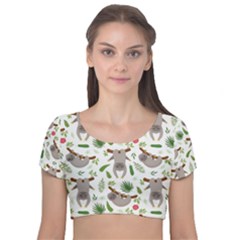 Seamless Pattern With Cute Sloths Velvet Short Sleeve Crop Top  by Bedest