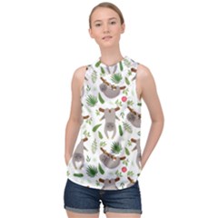 Seamless Pattern With Cute Sloths High Neck Satin Top