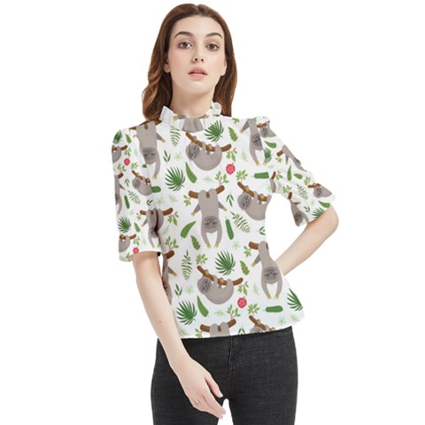 Seamless Pattern With Cute Sloths Frill Neck Blouse by Bedest