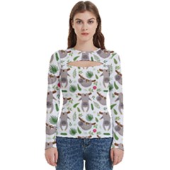 Seamless Pattern With Cute Sloths Women s Cut Out Long Sleeve T-shirt