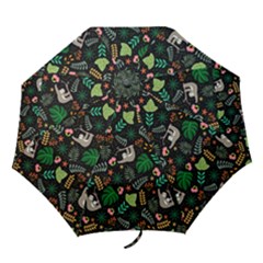 Floral Pattern With Plants Sloth Flowers Black Backdrop Folding Umbrellas by Bedest