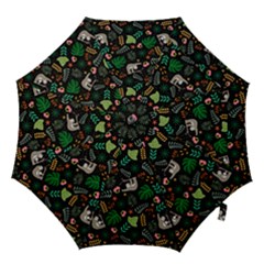 Floral Pattern With Plants Sloth Flowers Black Backdrop Hook Handle Umbrellas (large) by Bedest