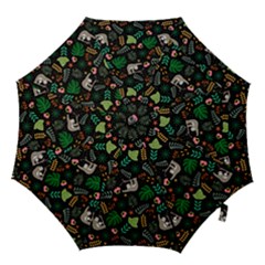 Floral Pattern With Plants Sloth Flowers Black Backdrop Hook Handle Umbrellas (small) by Bedest