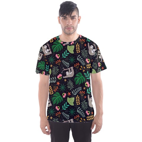 Floral Pattern With Plants Sloth Flowers Black Backdrop Men s Sport Mesh T-shirt by Bedest