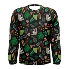 Floral Pattern With Plants Sloth Flowers Black Backdrop Men s Long Sleeve T-shirt by Bedest