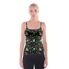 Floral Pattern With Plants Sloth Flowers Black Backdrop Spaghetti Strap Top by Bedest