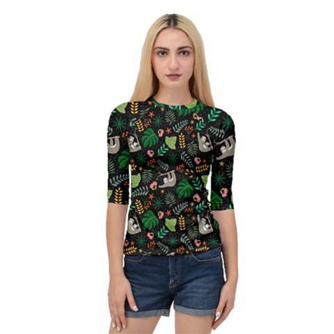 Floral Pattern With Plants Sloth Flowers Black Backdrop Quarter Sleeve Raglan T-shirt by Bedest