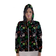 Floral Pattern With Plants Sloth Flowers Black Backdrop Women s Hooded Windbreaker by Bedest