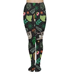 Floral Pattern With Plants Sloth Flowers Black Backdrop Tights by Bedest