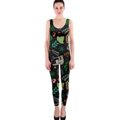 Floral Pattern With Plants Sloth Flowers Black Backdrop One Piece Catsuit by Bedest