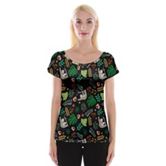 Floral Pattern With Plants Sloth Flowers Black Backdrop Cap Sleeve Top by Bedest