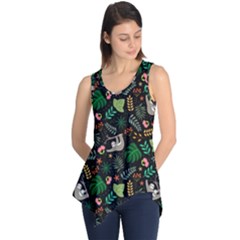 Floral Pattern With Plants Sloth Flowers Black Backdrop Sleeveless Tunic by Bedest