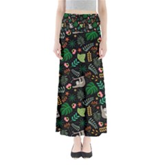 Floral Pattern With Plants Sloth Flowers Black Backdrop Full Length Maxi Skirt by Bedest