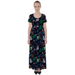 Floral Pattern With Plants Sloth Flowers Black Backdrop High Waist Short Sleeve Maxi Dress by Bedest