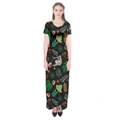 Floral Pattern With Plants Sloth Flowers Black Backdrop Short Sleeve Maxi Dress by Bedest