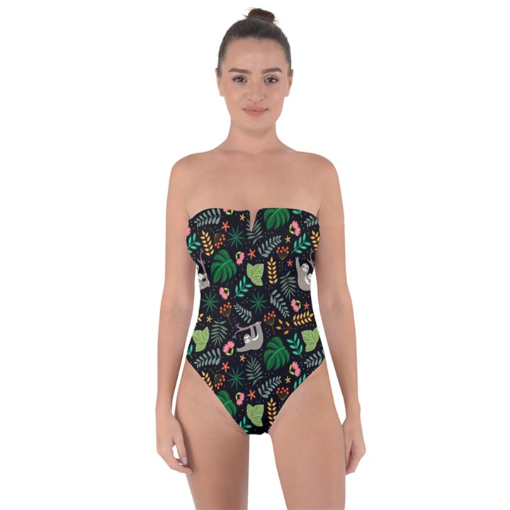 Floral Pattern With Plants Sloth Flowers Black Backdrop Tie Back One Piece Swimsuit