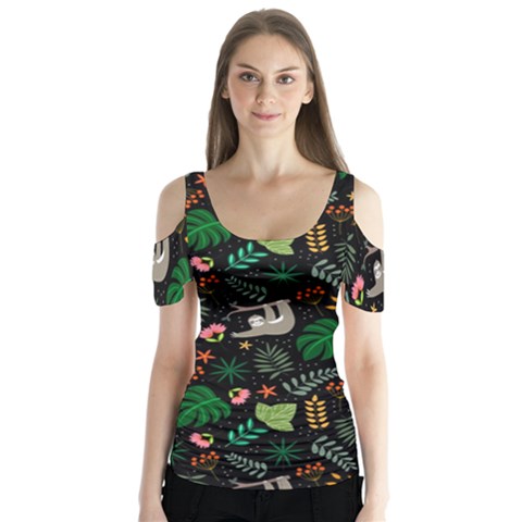 Floral Pattern With Plants Sloth Flowers Black Backdrop Butterfly Sleeve Cutout T-shirt  by Bedest