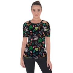 Floral Pattern With Plants Sloth Flowers Black Backdrop Shoulder Cut Out Short Sleeve Top by Bedest