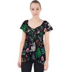 Floral Pattern With Plants Sloth Flowers Black Backdrop Lace Front Dolly Top by Bedest