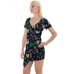 Floral Pattern With Plants Sloth Flowers Black Backdrop Short Sleeve Asymmetric Mini Dress by Bedest