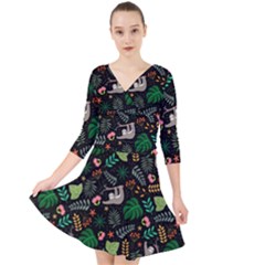 Floral Pattern With Plants Sloth Flowers Black Backdrop Quarter Sleeve Front Wrap Dress by Bedest