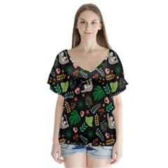 Floral Pattern With Plants Sloth Flowers Black Backdrop V-neck Flutter Sleeve Top by Bedest