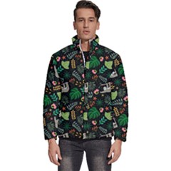 Floral Pattern With Plants Sloth Flowers Black Backdrop Men s Puffer Bubble Jacket Coat by Bedest