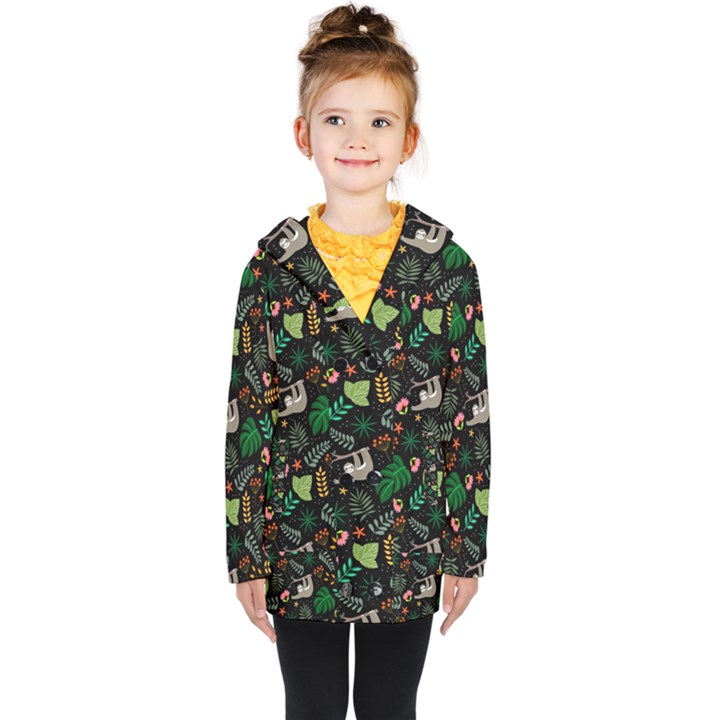 Floral Pattern With Plants Sloth Flowers Black Backdrop Kids  Double Breasted Button Coat