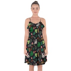 Floral Pattern With Plants Sloth Flowers Black Backdrop Ruffle Detail Chiffon Dress by Bedest