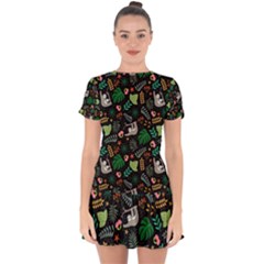 Floral Pattern With Plants Sloth Flowers Black Backdrop Drop Hem Mini Chiffon Dress by Bedest