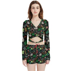 Floral Pattern With Plants Sloth Flowers Black Backdrop Velvet Wrap Crop Top And Shorts Set by Bedest