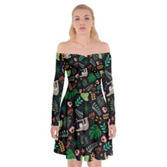 Floral Pattern With Plants Sloth Flowers Black Backdrop Off Shoulder Skater Dress by Bedest