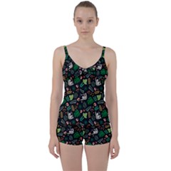 Floral Pattern With Plants Sloth Flowers Black Backdrop Tie Front Two Piece Tankini by Bedest