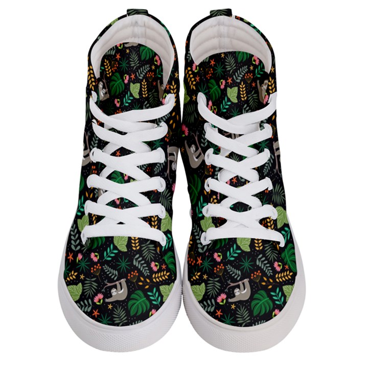 Floral Pattern With Plants Sloth Flowers Black Backdrop Men s Hi-Top Skate Sneakers