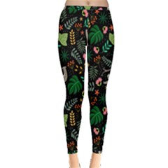 Floral Pattern With Plants Sloth Flowers Black Backdrop Inside Out Leggings by Bedest