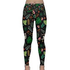 Floral Pattern With Plants Sloth Flowers Black Backdrop Lightweight Velour Classic Yoga Leggings by Bedest